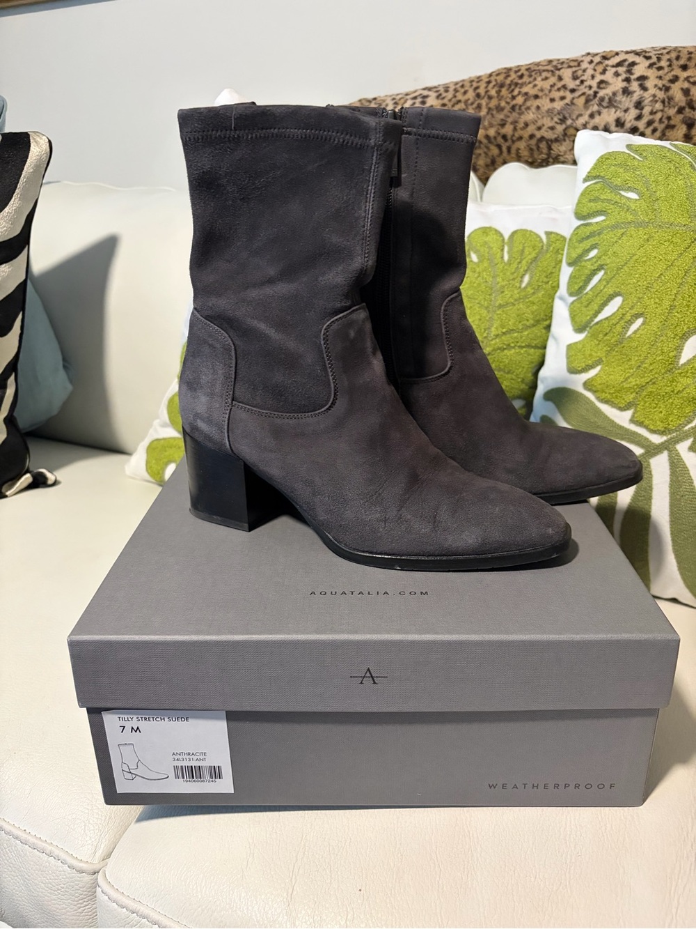 Aquatalia Charcoal Suede Block Heel Ankle Boots